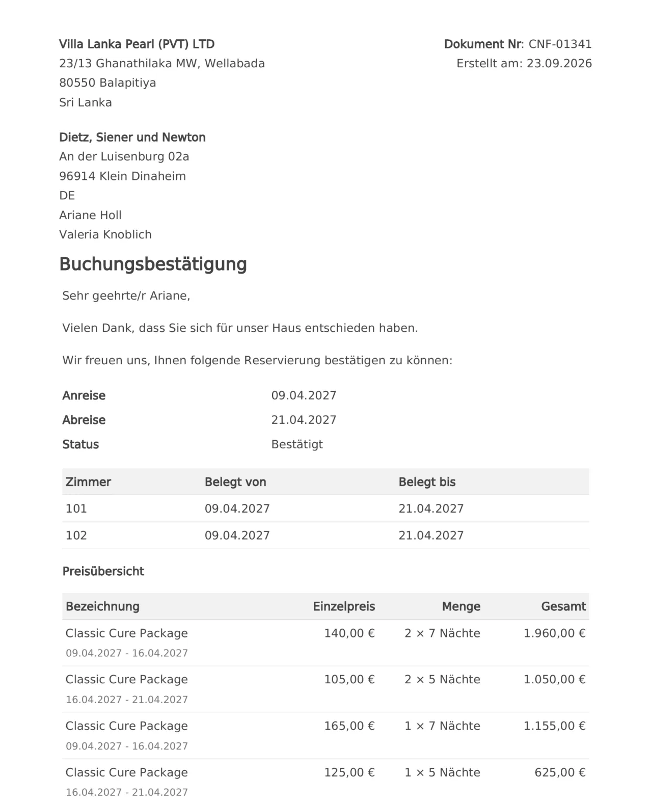 German booking confirmation PDF generated by Ayura: stay dates, two rooms and a price overview with the cure package split into high- and low-season lines per room