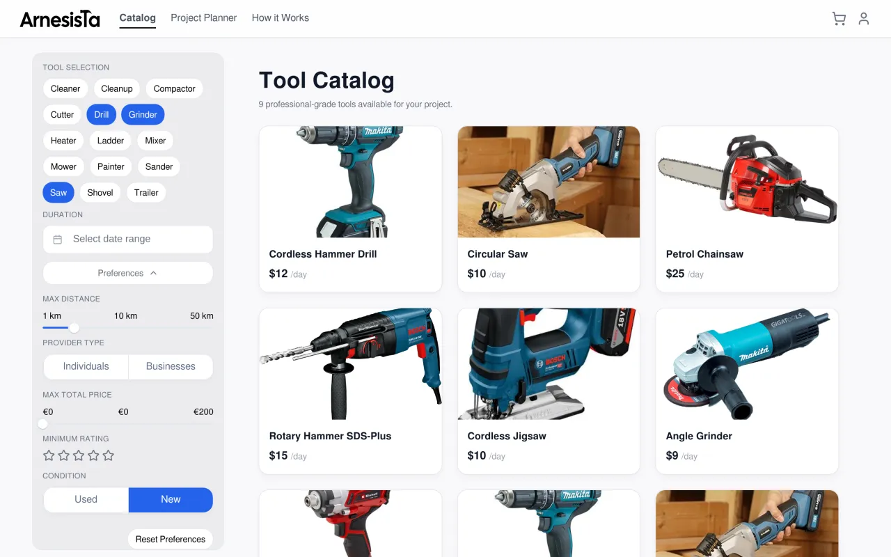 Arnesista tool catalog filtered to drills, grinders and saws: category, date and preference filters on the left, tool cards with photos and daily prices on the right