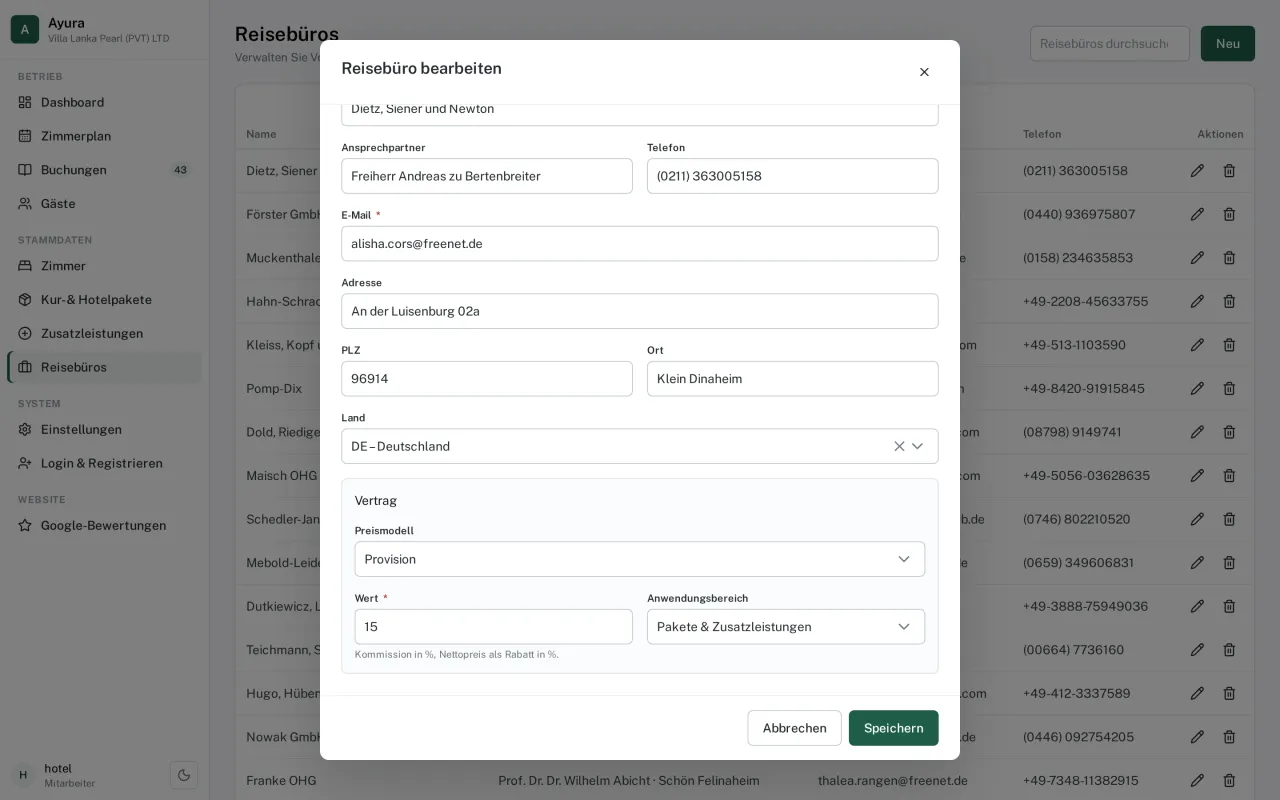 Ayura travel agency form with its contract settings: commission pricing model, 15 percent, applied to packages and supplements